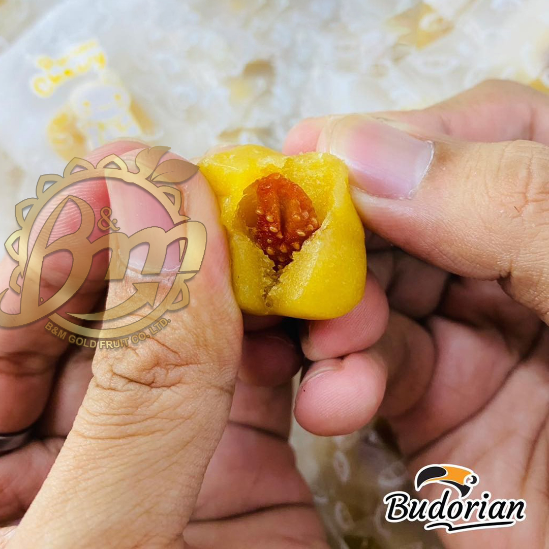 ทุเรียนเคี้ยวหนึบ สอดไส้สตรอเบอร์รี่ ขนาด 49 กรัม ตราบูโดเรียน